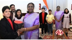 अदम्य, आदविक और वैदिका ने राष्ट्रपति द्रौपदी मुर्मु से की शिष्टाचार भेंट